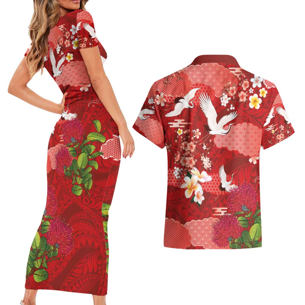 Hawaiian and Japanese Culture Together Couples Matching Short Sleeve Bodycon Dress and Hawaiian Shirt Red Ohia Lehua Plumeria and Sakura Blooming - Polynesian Pride