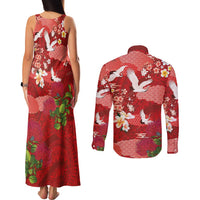 Hawaiian and Japanese Culture Together Couples Matching Tank Maxi Dress and Long Sleeve Button Shirt Red Ohia Lehua Plumeria and Sakura Blooming - Polynesian Pride