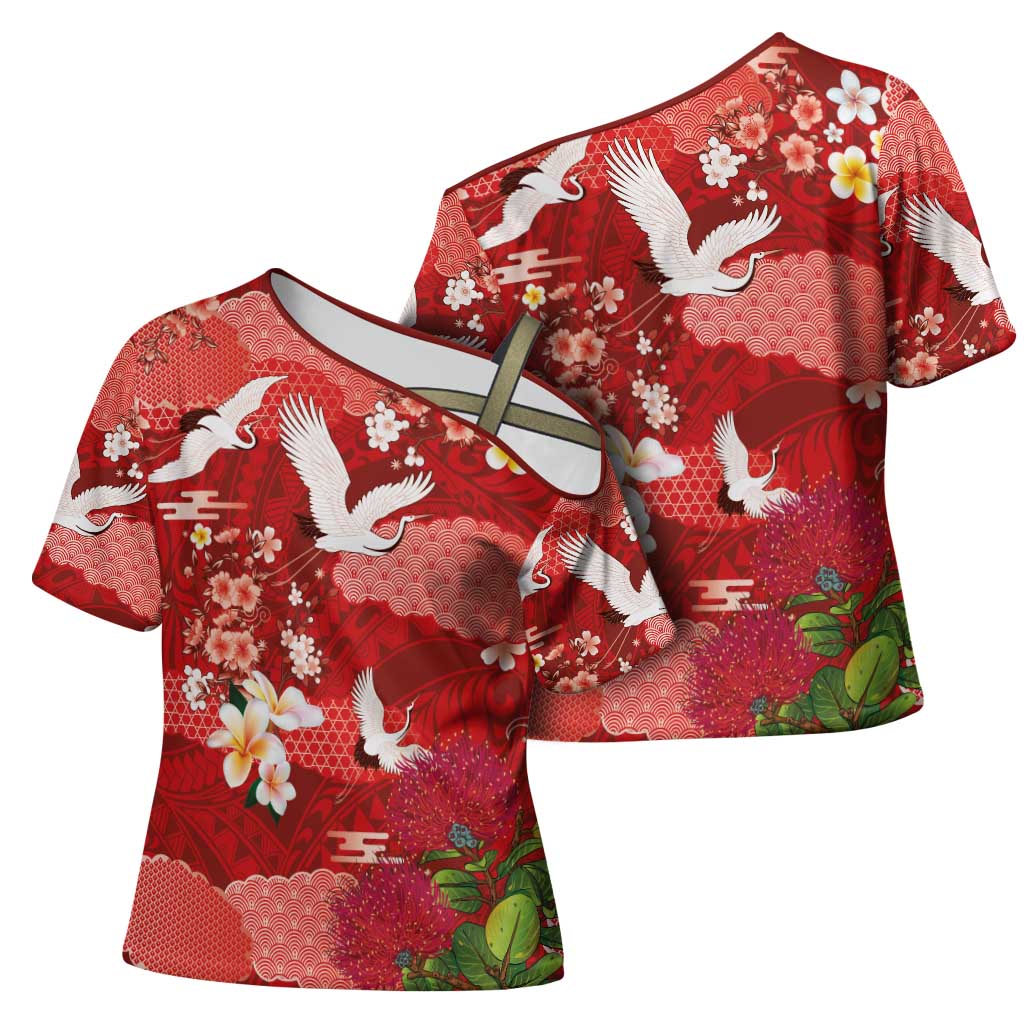 Hawaiian and Japanese Culture Together Cross Shoulder Shirt Red Ohia Lehua Plumeria and Sakura Blooming - Polynesian Pride