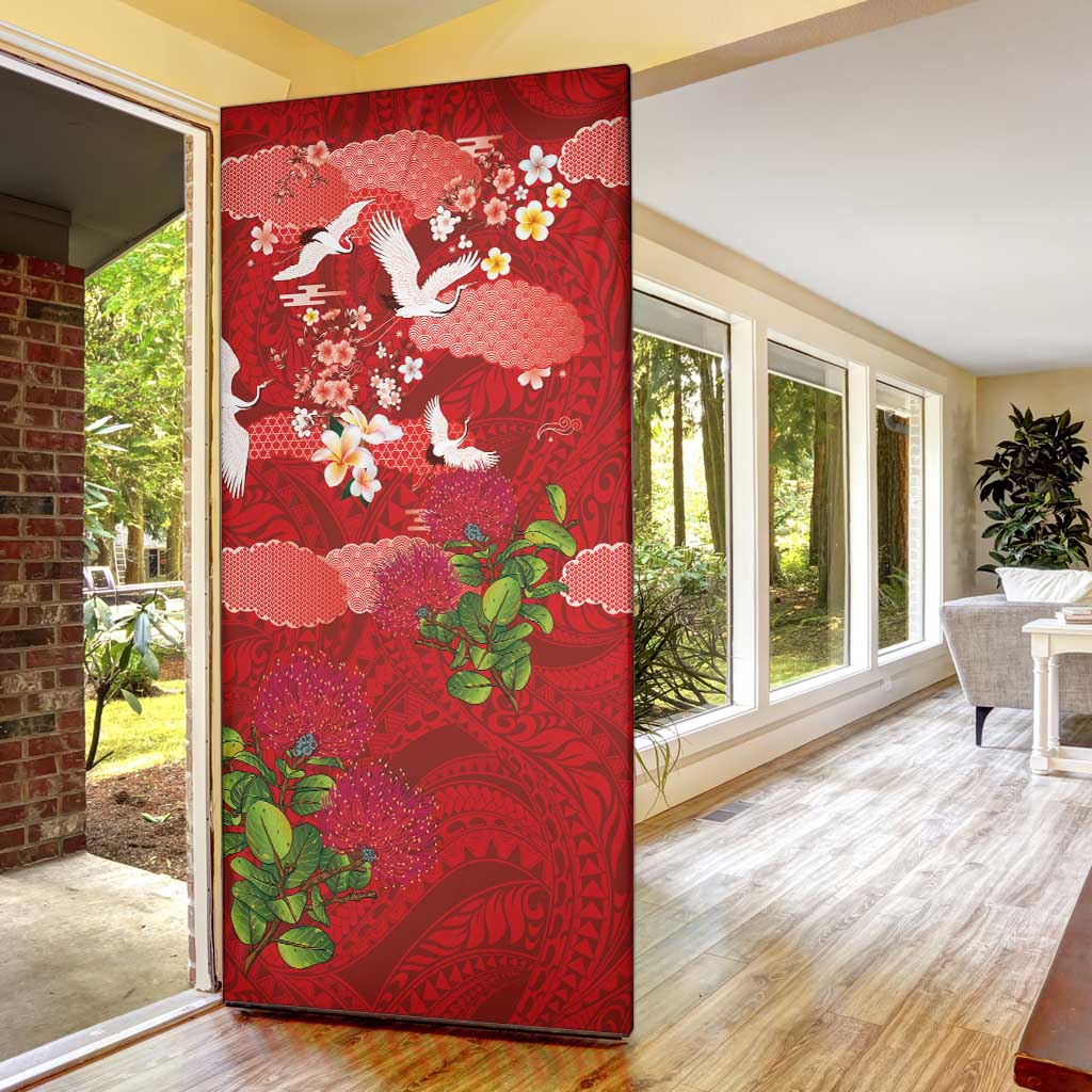 Hawaiian and Japanese Culture Together Door Cover Red Ohia Lehua Plumeria and Sakura Blooming - Polynesian Pride