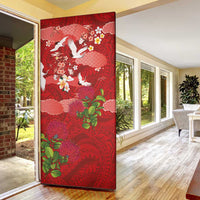 Hawaiian and Japanese Culture Together Door Cover Red Ohia Lehua Plumeria and Sakura Blooming - Polynesian Pride