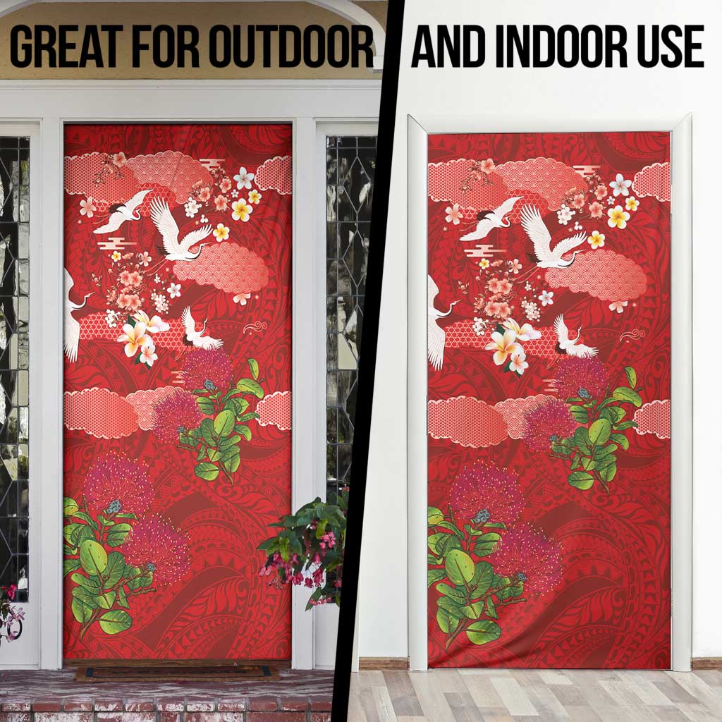 Hawaiian and Japanese Culture Together Door Cover Red Ohia Lehua Plumeria and Sakura Blooming - Polynesian Pride