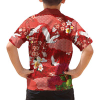 Hawaiian and Japanese Culture Together Family Matching Long Sleeve Bodycon Dress and Hawaiian Shirt Red Ohia Lehua Plumeria and Sakura Blooming - Polynesian Pride