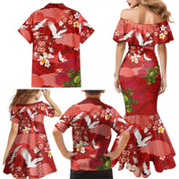 Hawaiian and Japanese Culture Together Family Matching Mermaid Dress and Hawaiian Shirt Red Ohia Lehua Plumeria and Sakura Blooming - Polynesian Pride