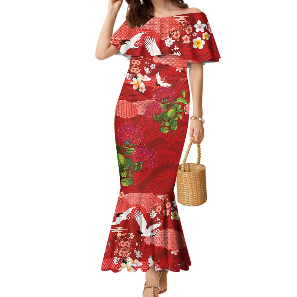 Hawaiian and Japanese Culture Together Family Matching Mermaid Dress and Hawaiian Shirt Red Ohia Lehua Plumeria and Sakura Blooming - Polynesian Pride