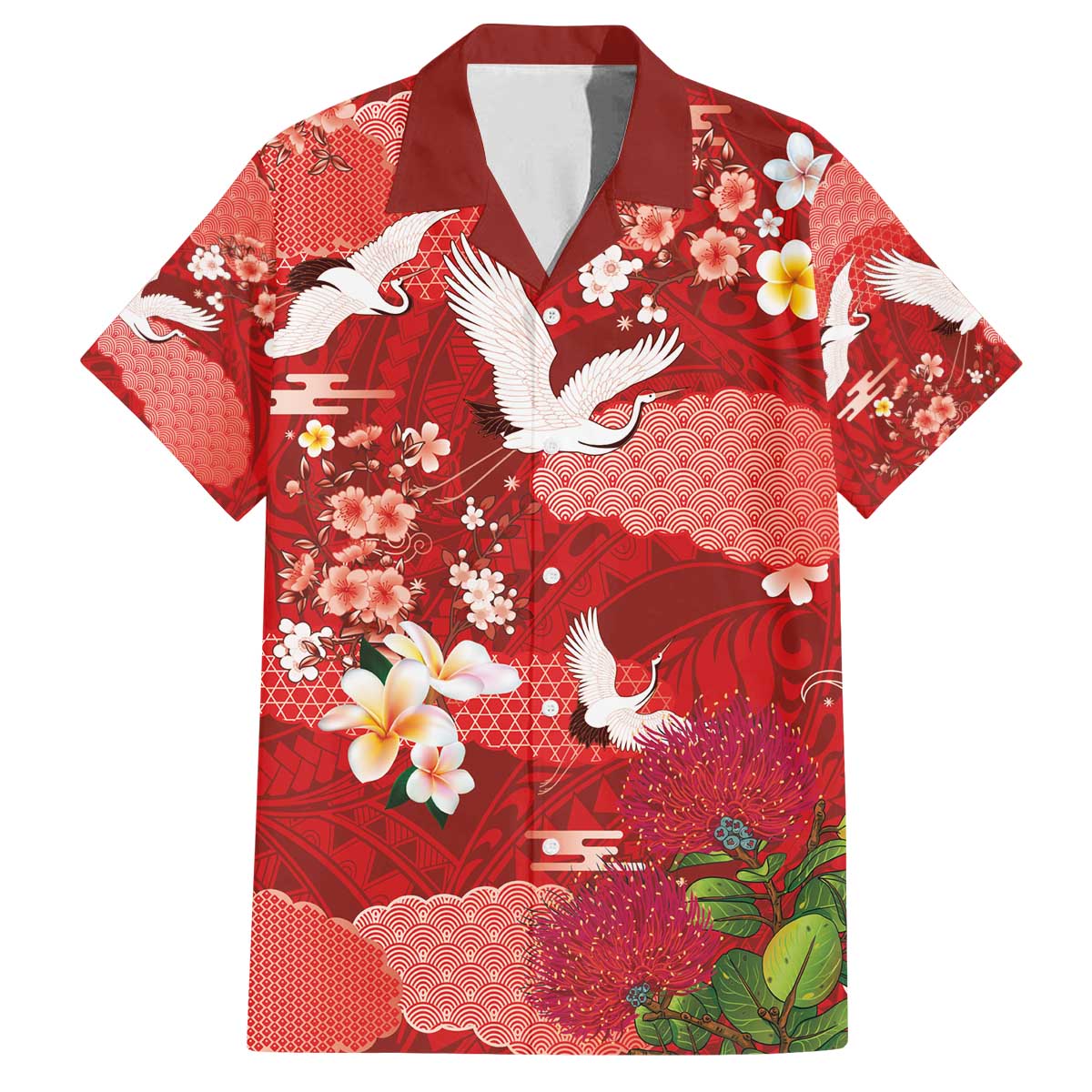 Hawaiian and Japanese Culture Together Family Matching Off The Shoulder Long Sleeve Dress and Hawaiian Shirt Red Ohia Lehua Plumeria and Sakura Blooming - Polynesian Pride