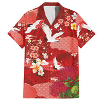Hawaiian and Japanese Culture Together Family Matching Off The Shoulder Long Sleeve Dress and Hawaiian Shirt Red Ohia Lehua Plumeria and Sakura Blooming - Polynesian Pride