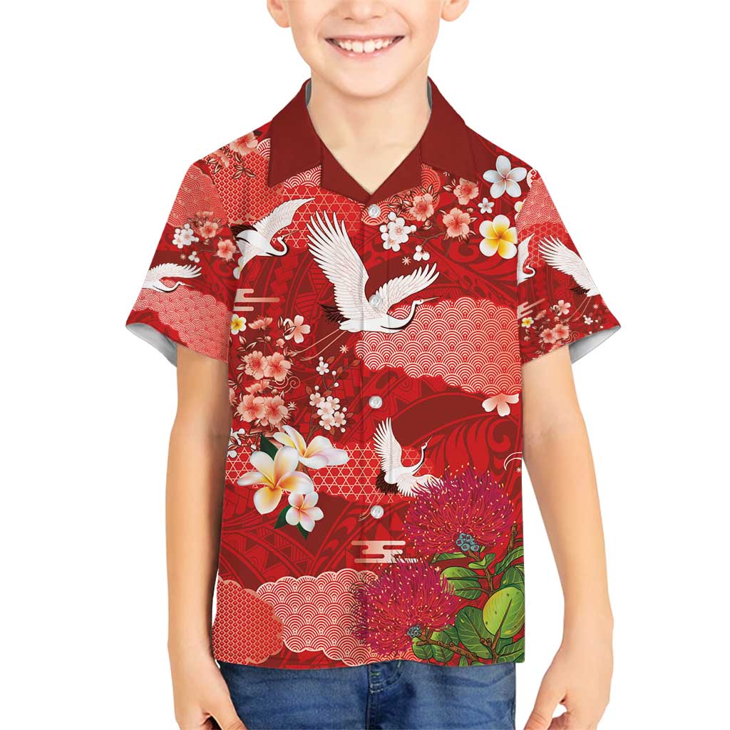 Hawaiian and Japanese Culture Together Family Matching Off Shoulder Maxi Dress and Hawaiian Shirt Red Ohia Lehua Plumeria and Sakura Blooming - Polynesian Pride