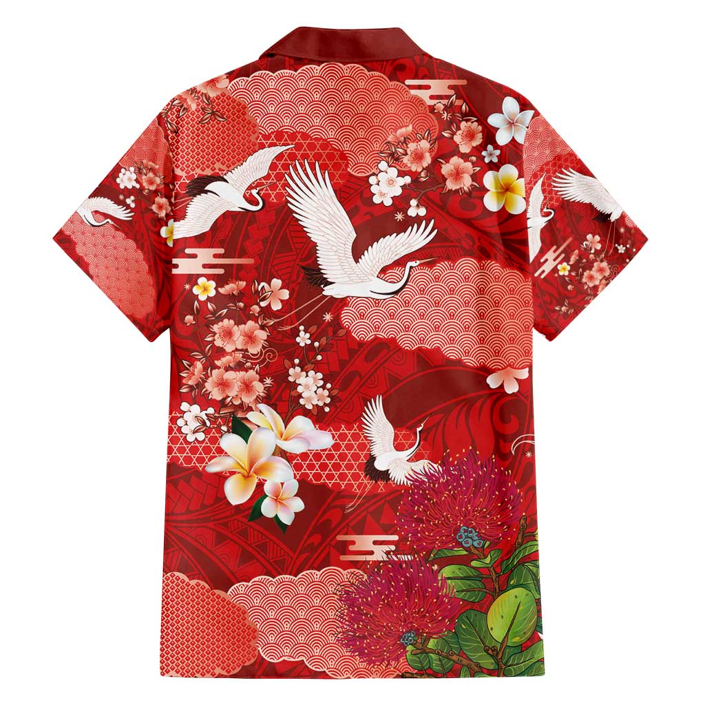 Hawaiian and Japanese Culture Together Family Matching Off Shoulder Short Dress and Hawaiian Shirt Red Ohia Lehua Plumeria and Sakura Blooming - Polynesian Pride