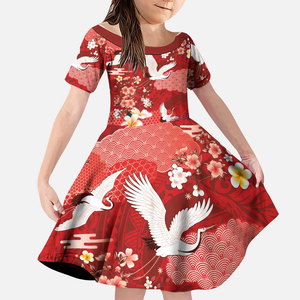 Hawaiian and Japanese Culture Together Family Matching Puletasi and Hawaiian Shirt Red Ohia Lehua Plumeria and Sakura Blooming LT03 Daughter's Dress Red - Polynesian Pride