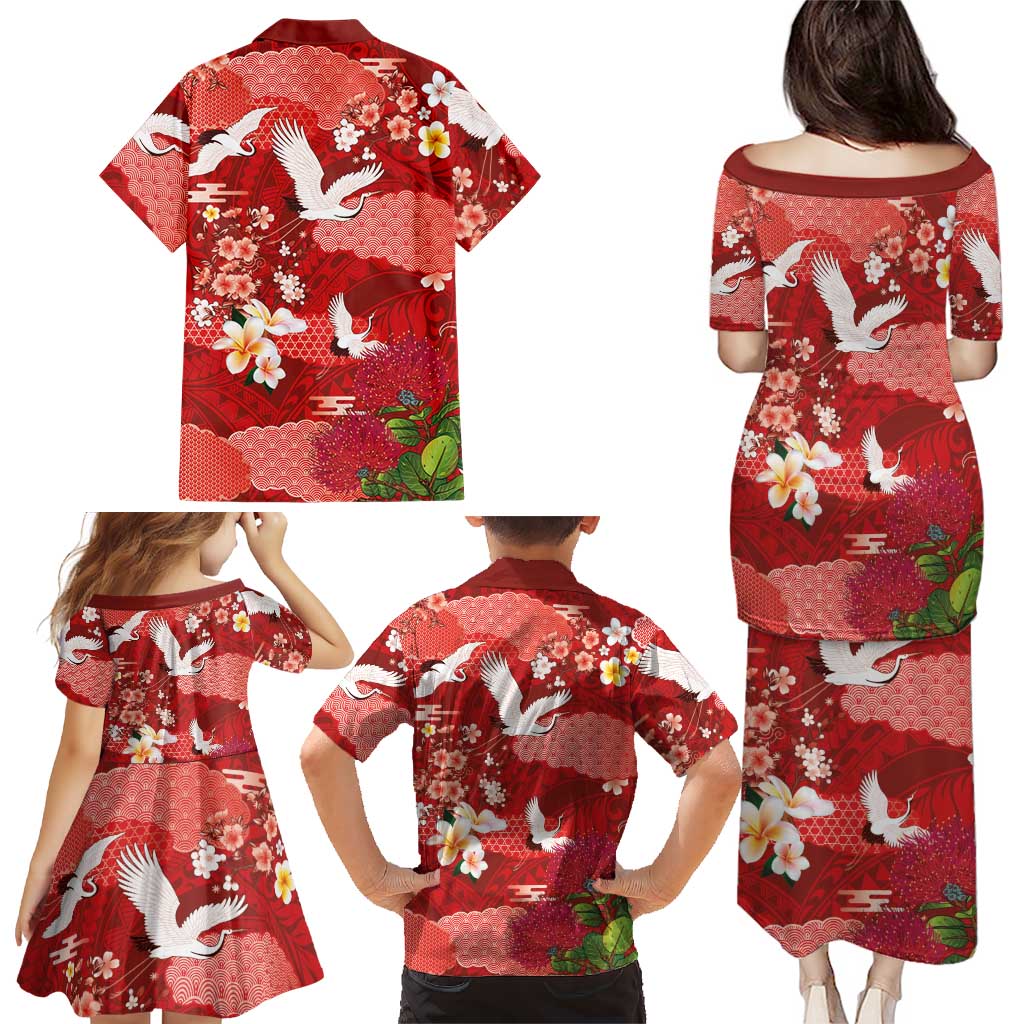 Hawaiian and Japanese Culture Together Family Matching Puletasi and Hawaiian Shirt Red Ohia Lehua Plumeria and Sakura Blooming LT03 - Polynesian Pride