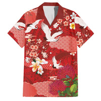 Hawaiian and Japanese Culture Together Family Matching Puletasi and Hawaiian Shirt Red Ohia Lehua Plumeria and Sakura Blooming LT03 Dad's Shirt - Short Sleeve Red - Polynesian Pride
