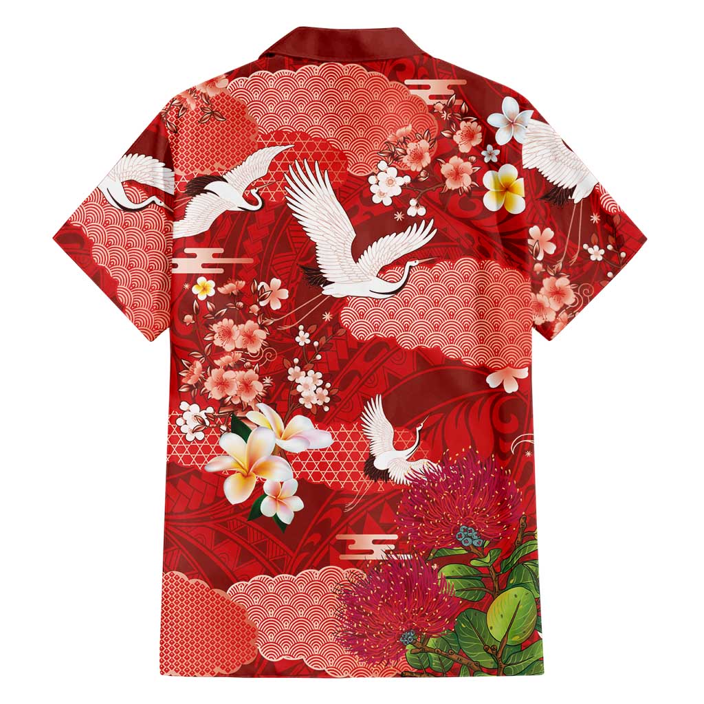 Hawaiian and Japanese Culture Together Family Matching Puletasi and Hawaiian Shirt Red Ohia Lehua Plumeria and Sakura Blooming LT03 - Polynesian Pride