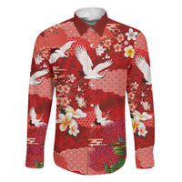 Hawaiian and Japanese Culture Together Family Matching Puletasi and Hawaiian Shirt Red Ohia Lehua Plumeria and Sakura Blooming LT03 Dad's Shirt - Long Sleeve Red - Polynesian Pride