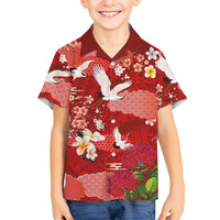 Hawaiian and Japanese Culture Together Family Matching Puletasi and Hawaiian Shirt Red Ohia Lehua Plumeria and Sakura Blooming LT03 Son's Shirt Red - Polynesian Pride