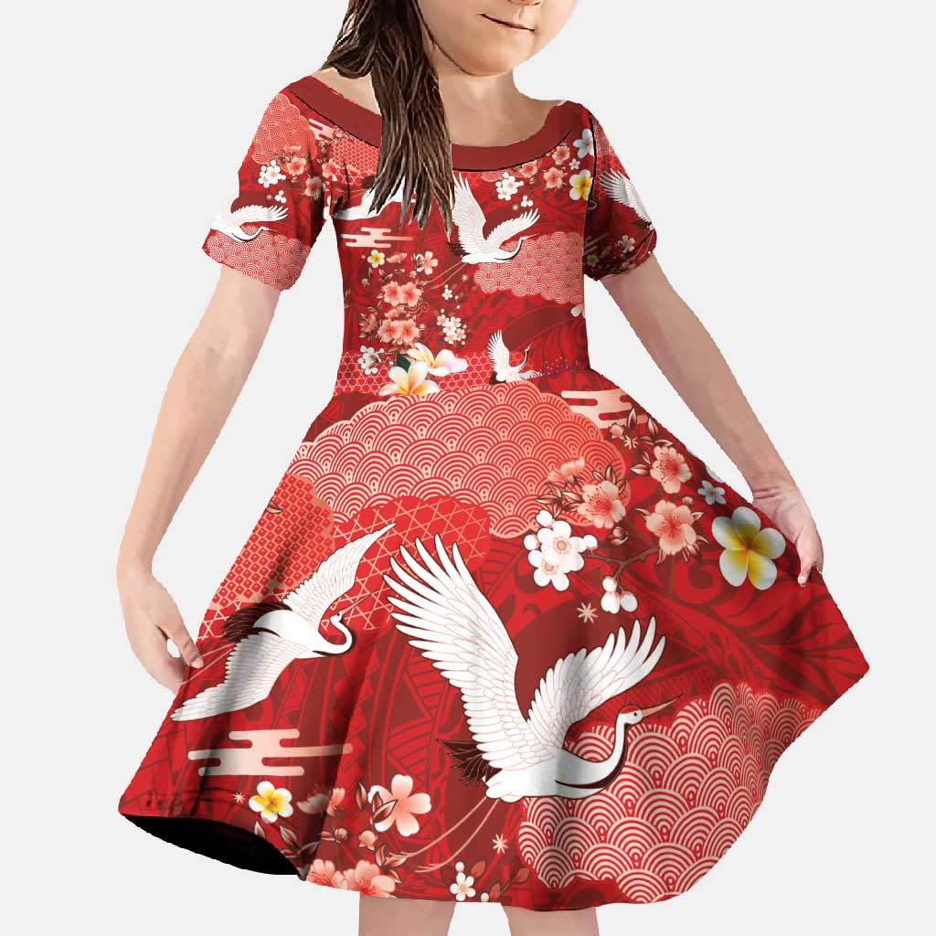 Hawaiian and Japanese Culture Together Family Matching Short Sleeve Bodycon Dress and Hawaiian Shirt Red Ohia Lehua Plumeria and Sakura Blooming - Polynesian Pride