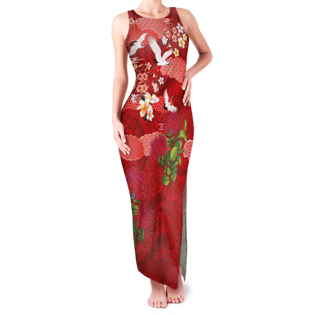 Hawaiian and Japanese Culture Together Family Matching Tank Maxi Dress and Hawaiian Shirt Red Ohia Lehua Plumeria and Sakura Blooming - Polynesian Pride
