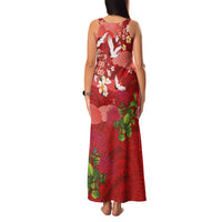 Hawaiian and Japanese Culture Together Family Matching Tank Maxi Dress and Hawaiian Shirt Red Ohia Lehua Plumeria and Sakura Blooming - Polynesian Pride
