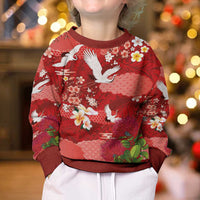 Hawaiian and Japanese Culture Together Kid Ugly Christmas Sweater Red Ohia Lehua Plumeria and Sakura Blooming - Polynesian Pride