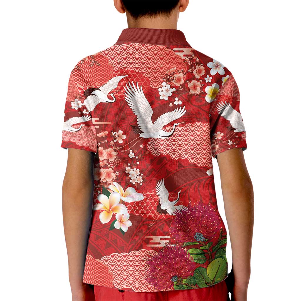 Hawaiian and Japanese Culture Together Kid Polo Shirt Red Ohia Lehua Plumeria and Sakura Blooming - Polynesian Pride