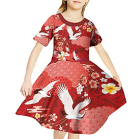 Hawaiian and Japanese Culture Together Kid Short Sleeve Dress Red Ohia Lehua Plumeria and Sakura Blooming - Polynesian Pride