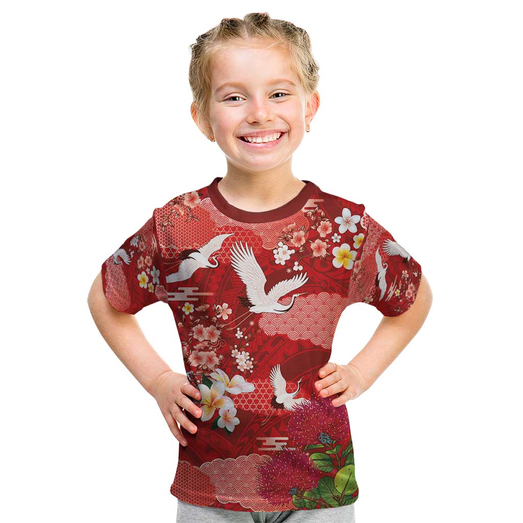 Hawaiian and Japanese Culture Together Kid T Shirt Red Ohia Lehua Plumeria and Sakura Blooming - Polynesian Pride