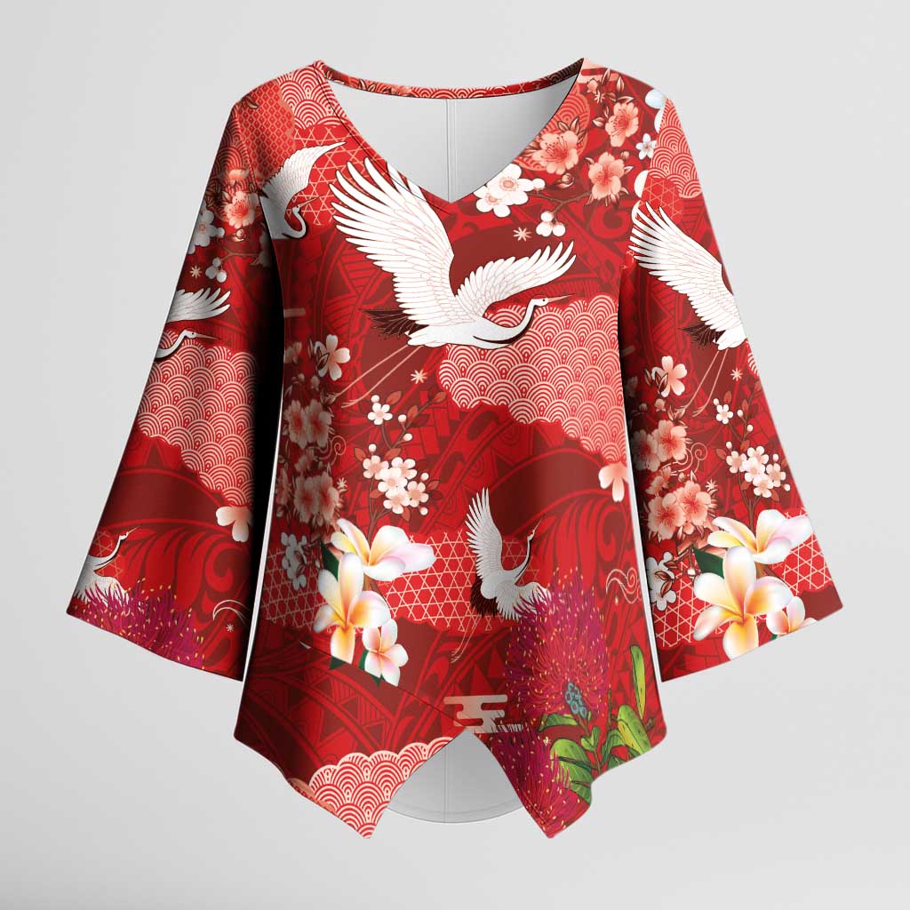 Hawaiian and Japanese Culture Together Kimono Sleeve Blouse Red Ohia Lehua Plumeria and Sakura Blooming - Polynesian Pride