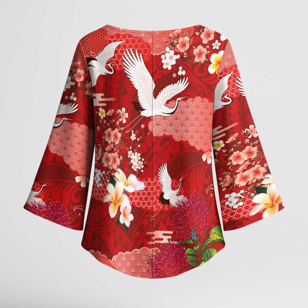 Hawaiian and Japanese Culture Together Kimono Sleeve Blouse Red Ohia Lehua Plumeria and Sakura Blooming - Polynesian Pride