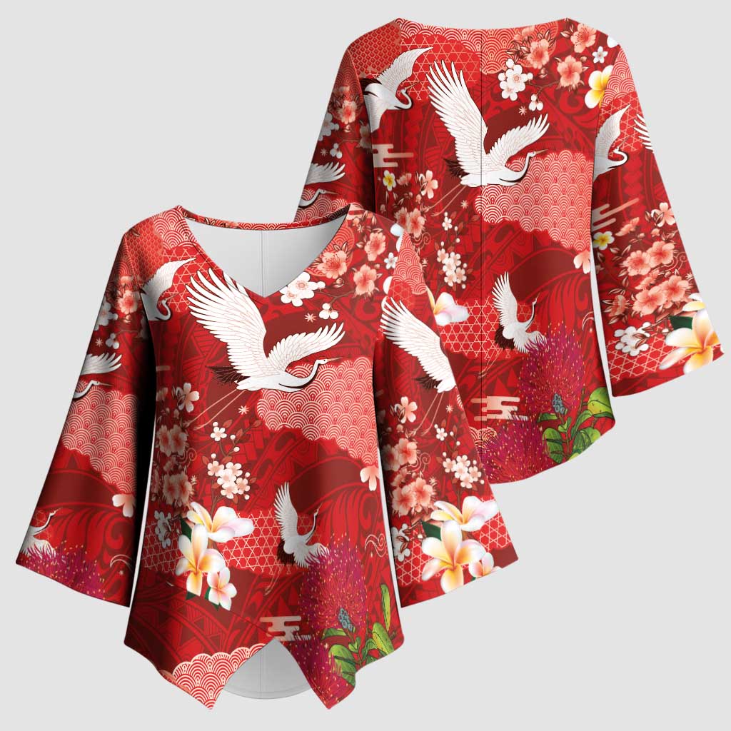 Hawaiian and Japanese Culture Together Kimono Sleeve Blouse Red Ohia Lehua Plumeria and Sakura Blooming - Polynesian Pride