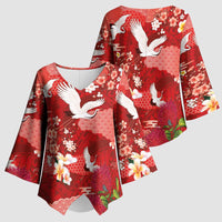 Hawaiian and Japanese Culture Together Kimono Sleeve Blouse Red Ohia Lehua Plumeria and Sakura Blooming - Polynesian Pride
