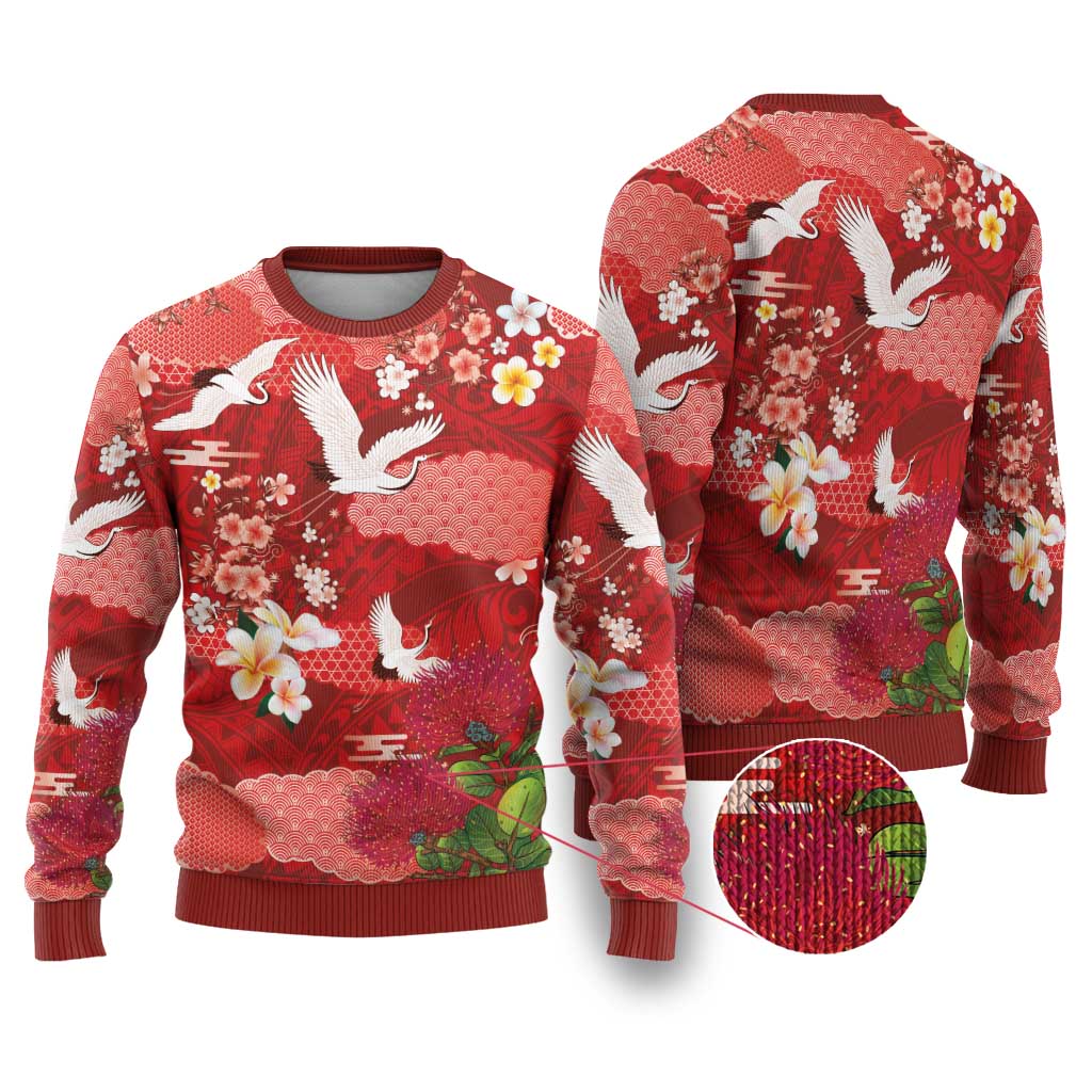 Hawaiian and Japanese Culture Together Ugly Christmas Sweater Red Ohia Lehua Plumeria and Sakura Blooming - Polynesian Pride