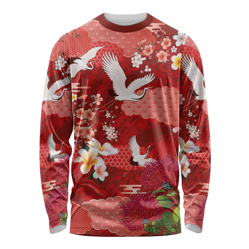 Hawaiian and Japanese Culture Together Long Sleeve Shirt Red Ohia Lehua Plumeria and Sakura Blooming - Polynesian Pride