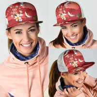 Hawaiian and Japanese Culture Together Mesh Trucker Cap Red Ohia Lehua Plumeria and Sakura Blooming - Polynesian Pride