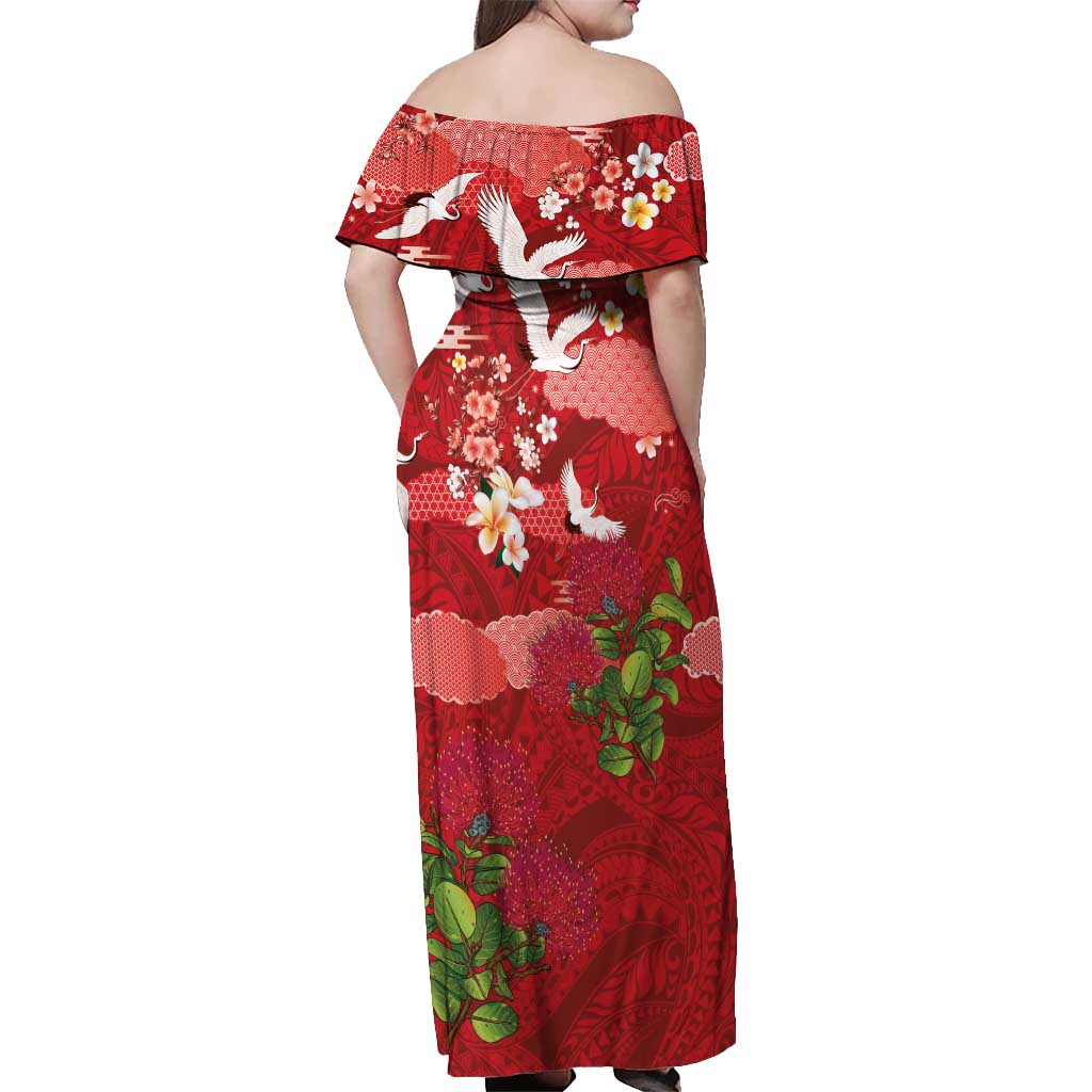 Hawaiian and Japanese Culture Together Off Shoulder Maxi Dress Red Ohia Lehua Plumeria and Sakura Blooming - Polynesian Pride