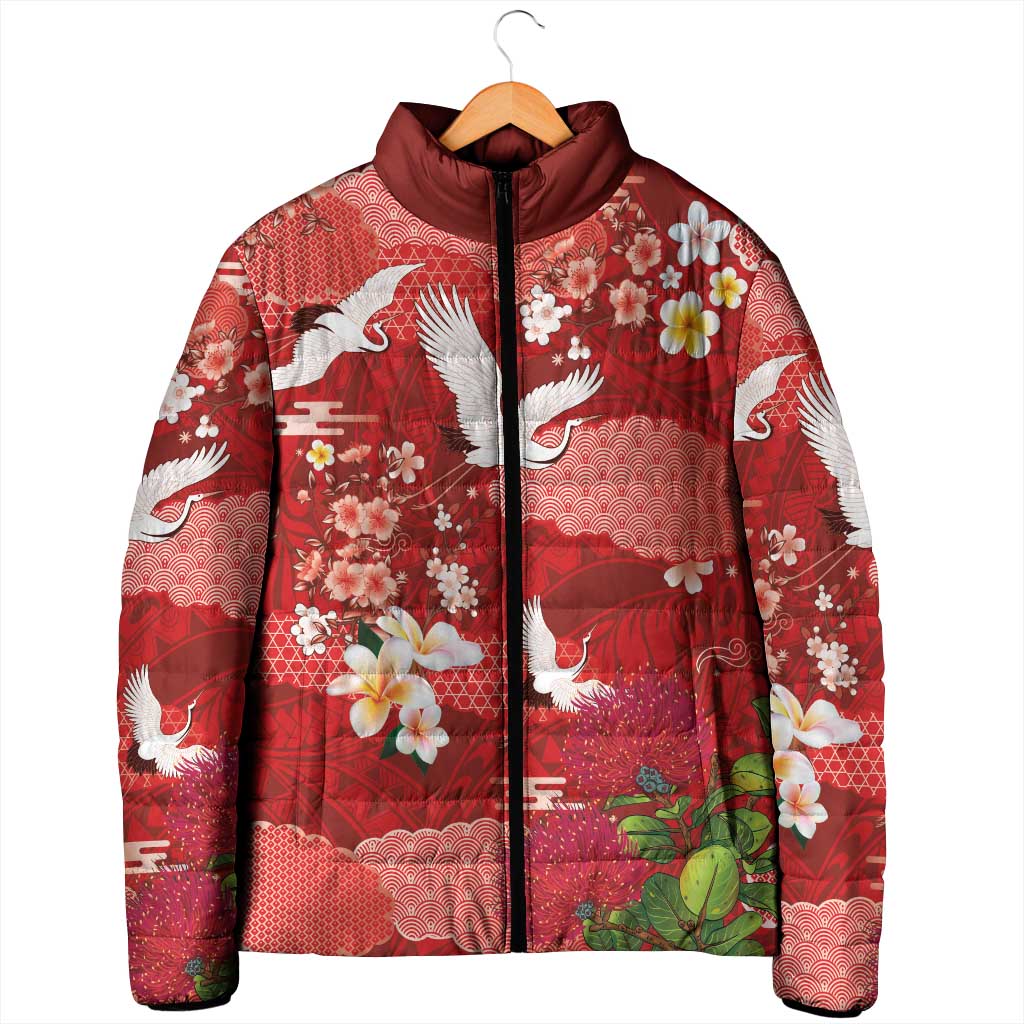 Hawaiian and Japanese Culture Together Padded Jacket Red Ohia Lehua Plumeria and Sakura Blooming - Polynesian Pride