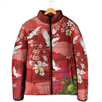Hawaiian and Japanese Culture Together Padded Jacket Red Ohia Lehua Plumeria and Sakura Blooming - Polynesian Pride