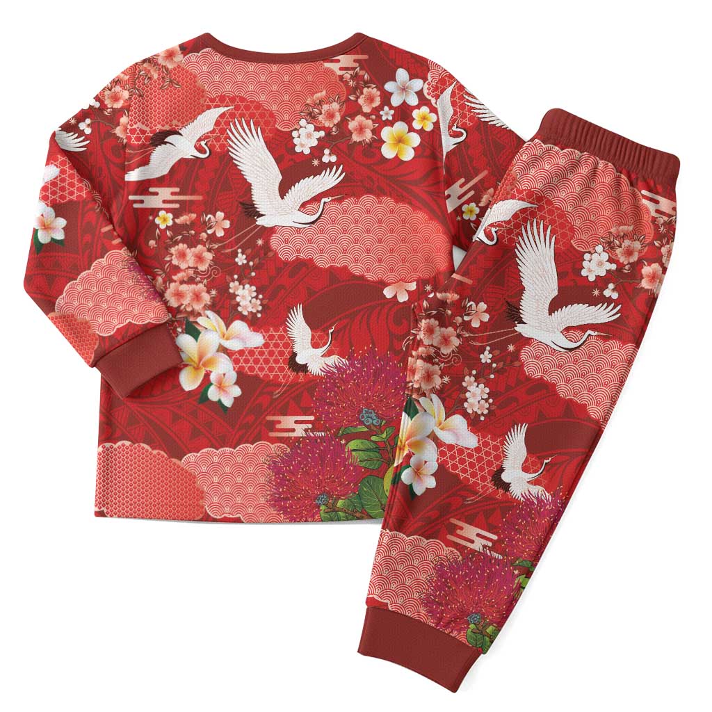 Hawaiian and Japanese Culture Together Christmas Pajama Set Red Ohia Lehua Plumeria and Sakura Blooming - Polynesian Pride