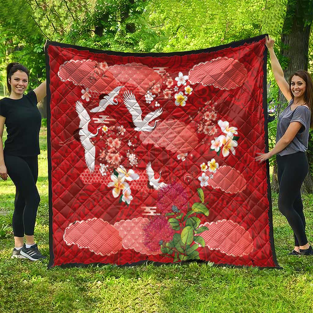 Hawaiian and Japanese Culture Together Quilt Red Ohia Lehua Plumeria and Sakura Blooming - Polynesian Pride