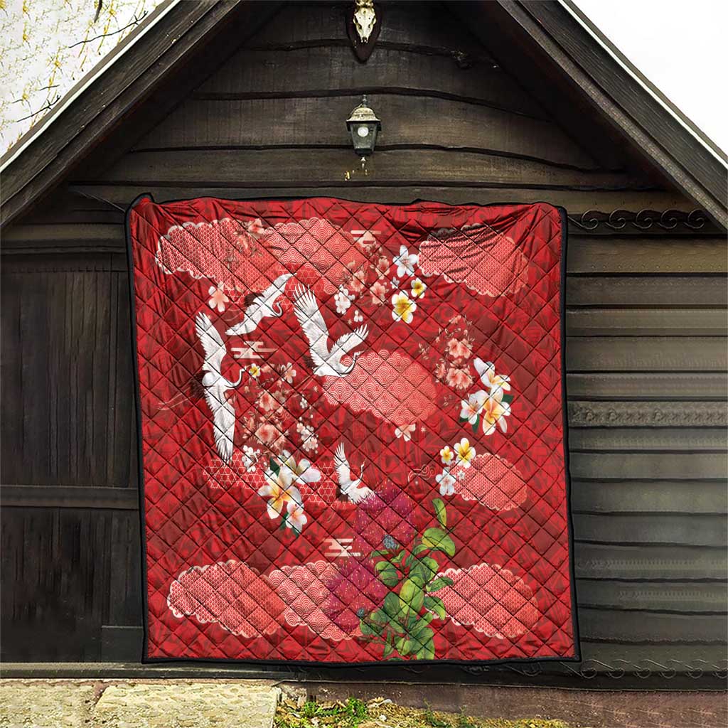 Hawaiian and Japanese Culture Together Quilt Red Ohia Lehua Plumeria and Sakura Blooming - Polynesian Pride