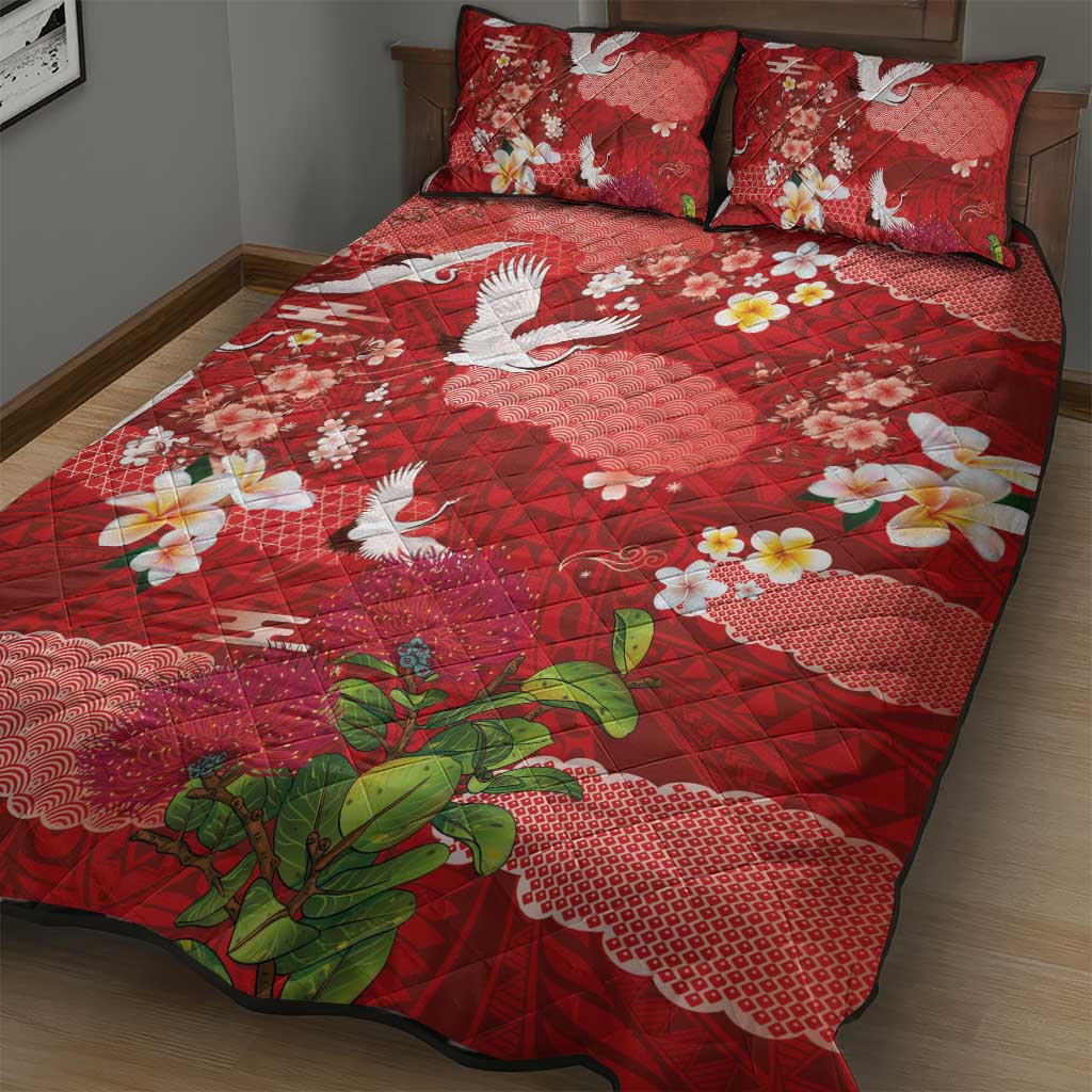Hawaiian and Japanese Culture Together Quilt Bed Set Red Ohia Lehua Plumeria and Sakura Blooming - Polynesian Pride