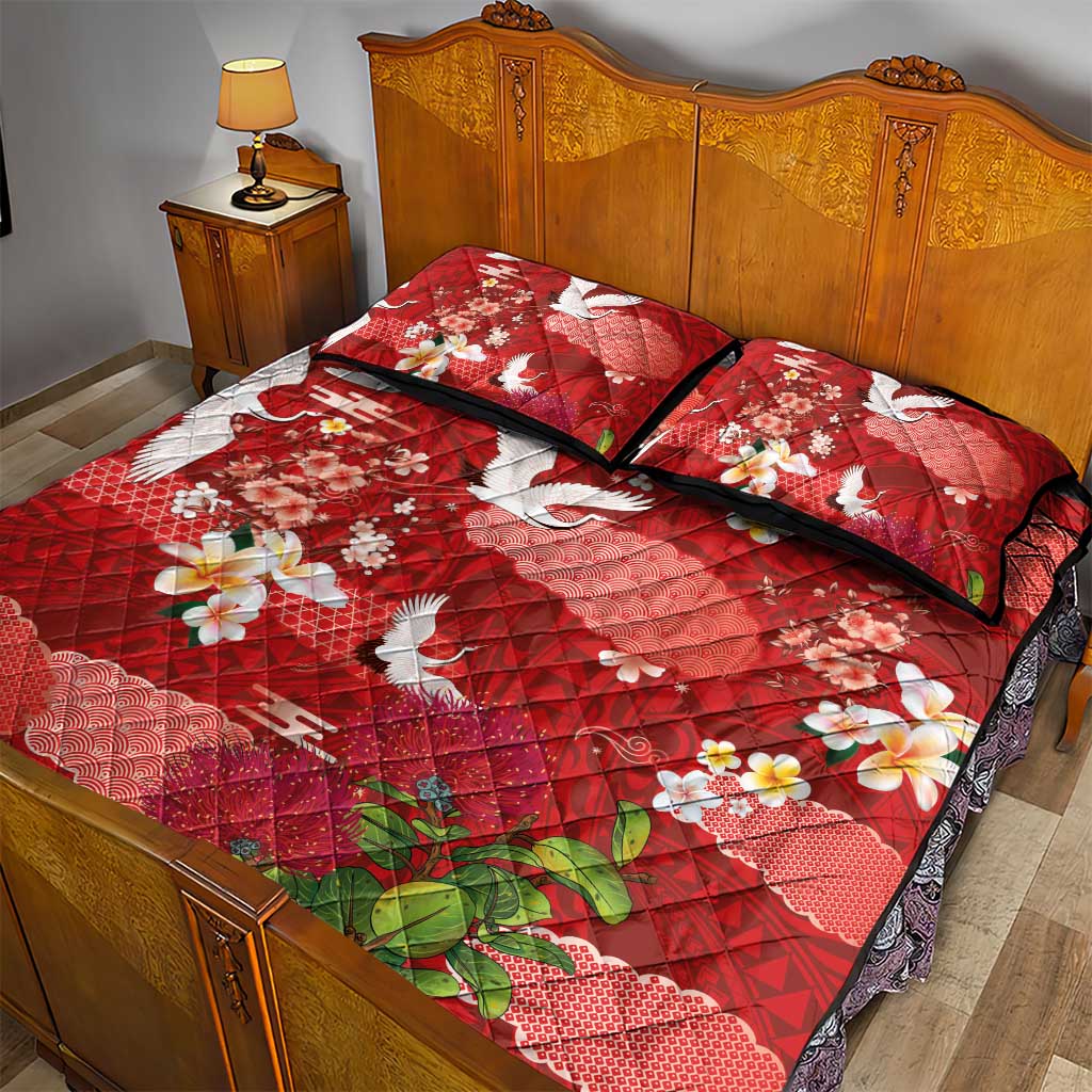 Hawaiian and Japanese Culture Together Quilt Bed Set Red Ohia Lehua Plumeria and Sakura Blooming - Polynesian Pride