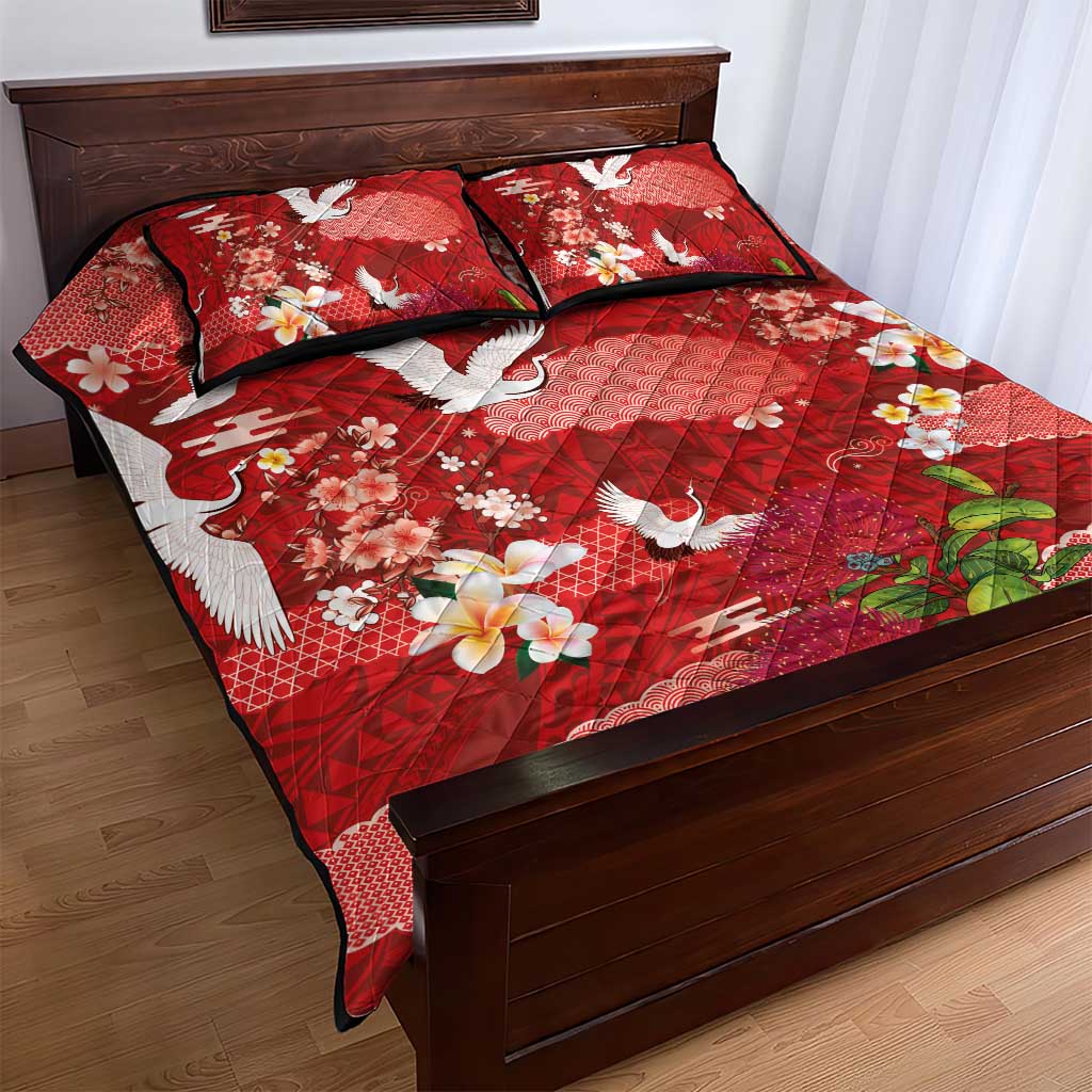 Hawaiian and Japanese Culture Together Quilt Bed Set Red Ohia Lehua Plumeria and Sakura Blooming - Polynesian Pride