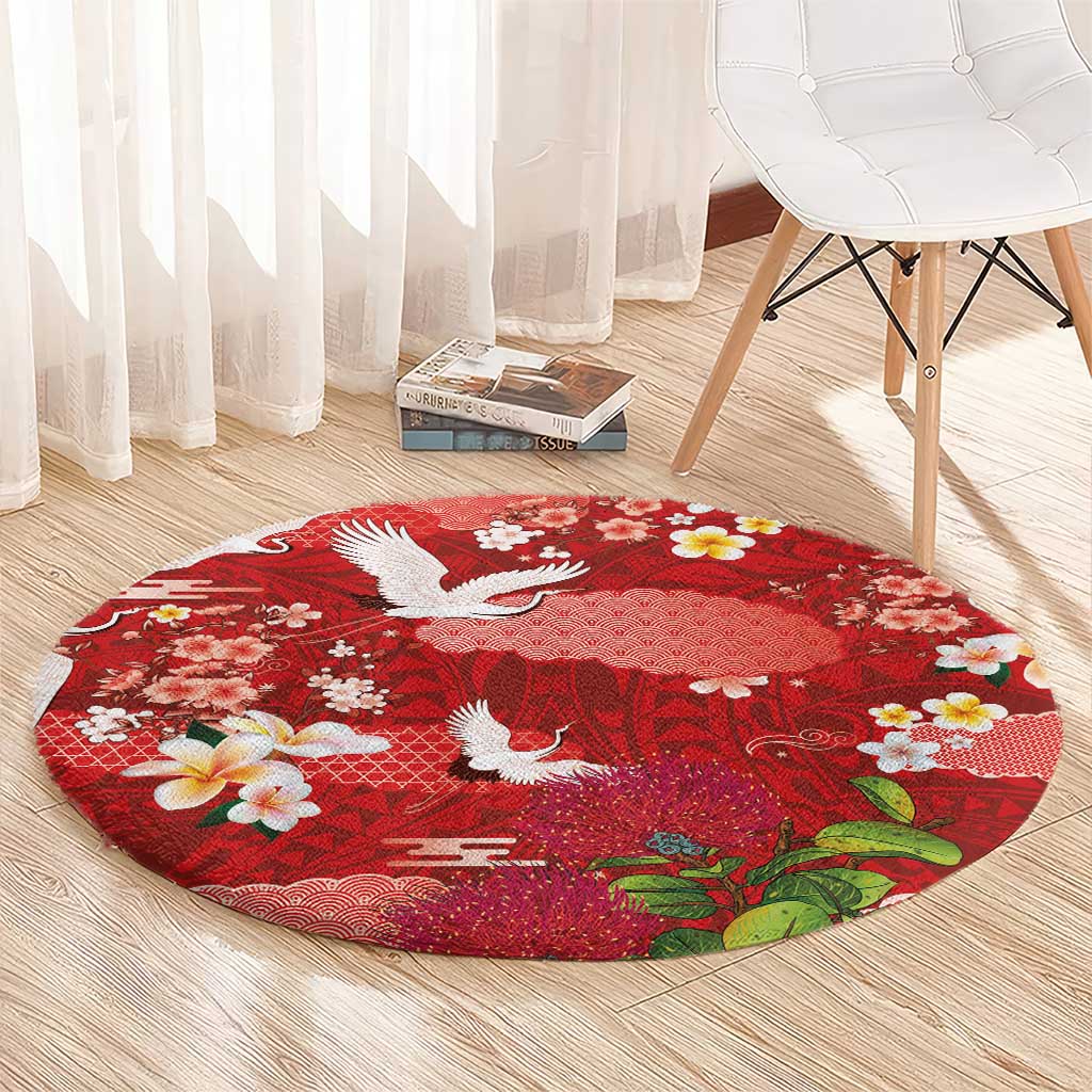 Hawaiian and Japanese Culture Together Round Carpet Red Ohia Lehua Plumeria and Sakura Blooming - Polynesian Pride