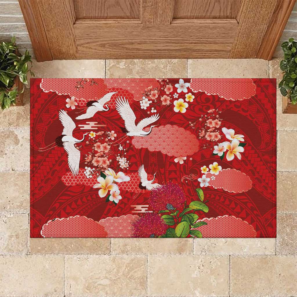 Hawaiian and Japanese Culture Together Rubber Doormat Red Ohia Lehua Plumeria and Sakura Blooming - Polynesian Pride