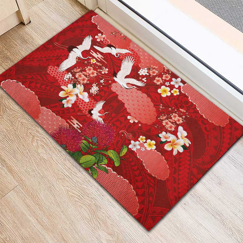 Hawaiian and Japanese Culture Together Rubber Doormat Red Ohia Lehua Plumeria and Sakura Blooming - Polynesian Pride
