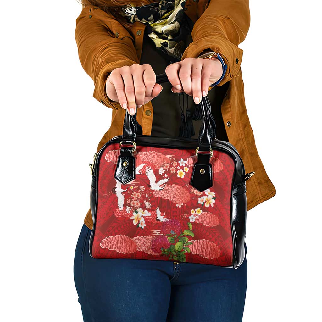 Hawaiian and Japanese Culture Together Shoulder Handbag Red Ohia Lehua Plumeria and Sakura Blooming - Polynesian Pride