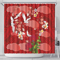 Hawaiian and Japanese Culture Together Shower Curtain Red Ohia Lehua Plumeria and Sakura Blooming - Polynesian Pride