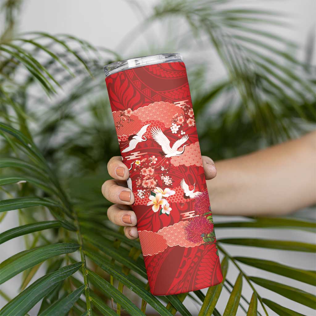 Hawaiian and Japanese Culture Together Skinny Tumbler Red Ohia Lehua Plumeria and Sakura Blooming - Polynesian Pride