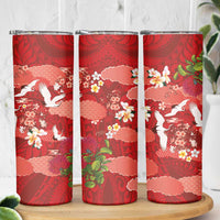 Hawaiian and Japanese Culture Together Skinny Tumbler Red Ohia Lehua Plumeria and Sakura Blooming - Polynesian Pride
