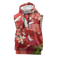 Hawaiian and Japanese Culture Together Sleeveless Hoodie Red Ohia Lehua Plumeria and Sakura Blooming - Polynesian Pride